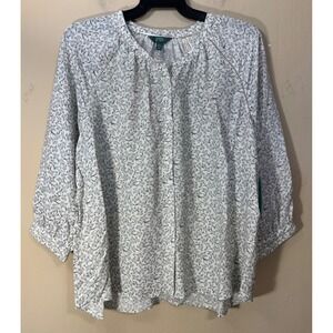 Terra & Sky Blouse Women 1X White Floral Button Up Crochet Trim 3/4 Sleeve NEW